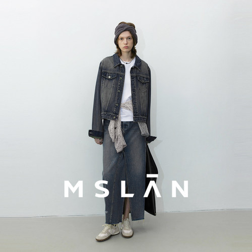 盐系穿搭/MSLAN 重工洗水26春廓形短款慵懒风蓝色牛仔外套MGCW374 - 图1