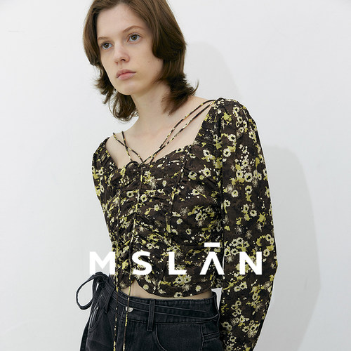 MSLAN商场同款 25秋挂脖方领套衫泡泡袖碎花清新雪纺衫MGCN302 - 图3