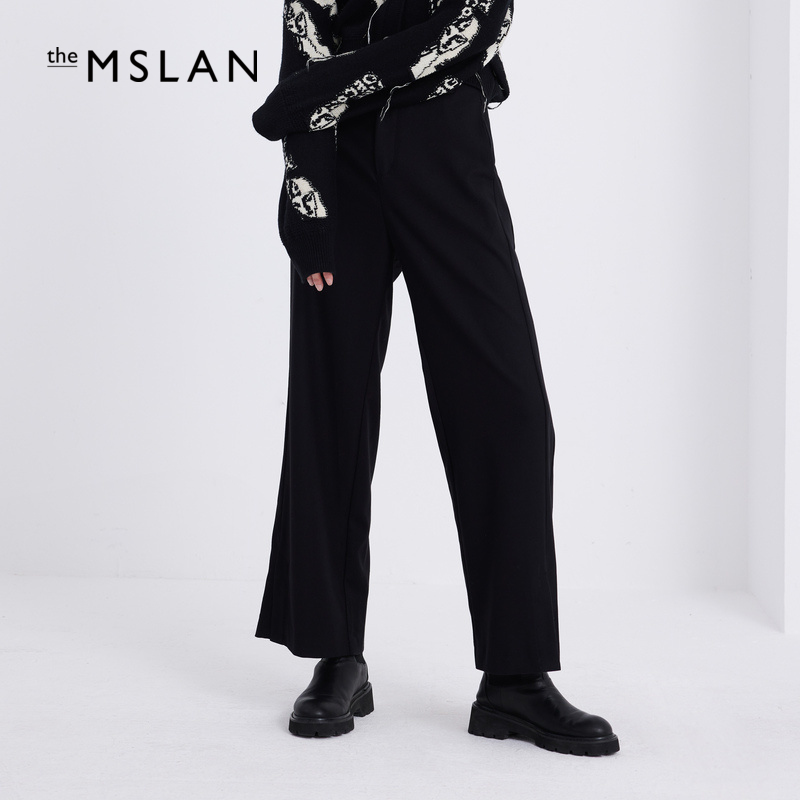 【适合梨型身材】MSLAN黑色收腰微微喇裤开叉显瘦休闲裤MEAM6701-图0