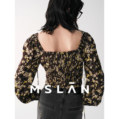 MSLAN商场同款 25秋挂脖方领套衫泡泡袖碎花清新雪纺衫MGCN302 - 图2