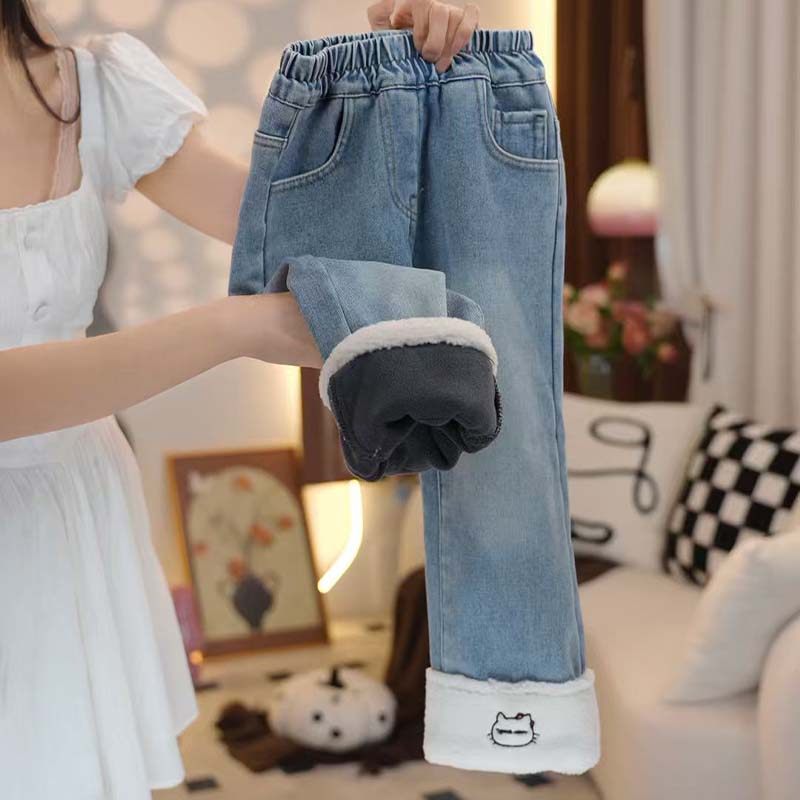 冬季新款儿童时尚百搭牛仔裤女宝宝卡通kt加绒加厚长裤HCD317,淘宝优惠券,粉丝福利购,淘宝优惠卷