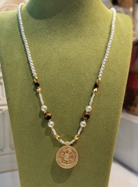 【西娅专属】美拉德虎眼石雕花旋转八宝罗盘珍珠项链秋冬可双面戴