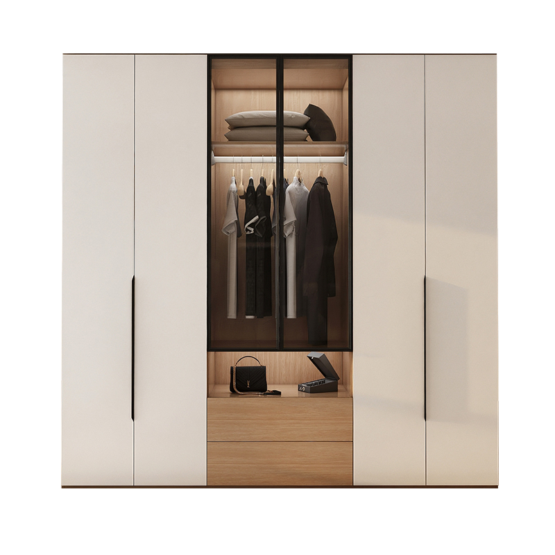 现代简约实木整体衣柜一门到顶奶油风家用卧室玻璃衣橱衣帽间定制 - 图3