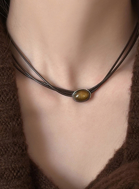 虎眼石皮革串珠项链女秋冬复古网红小众百搭毛衣链美拉德卫衣