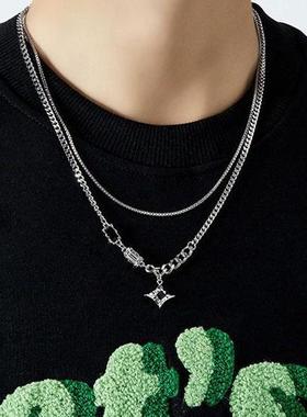 王嘉尔同款纯银双层星芒项链男款叠戴百搭小众设计感嘻哈风卫衣链