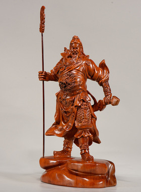 花梨实木雕刻关公摆件木头根雕立刀武财神像家居客厅电视柜