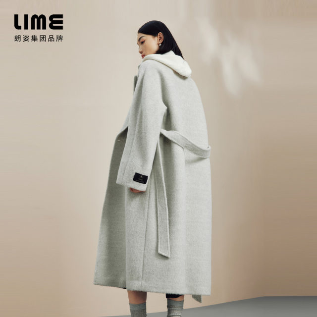 LME莱茵大翻领时尚双排扣高级感长款大衣秋冬新款廓形毛呢外套