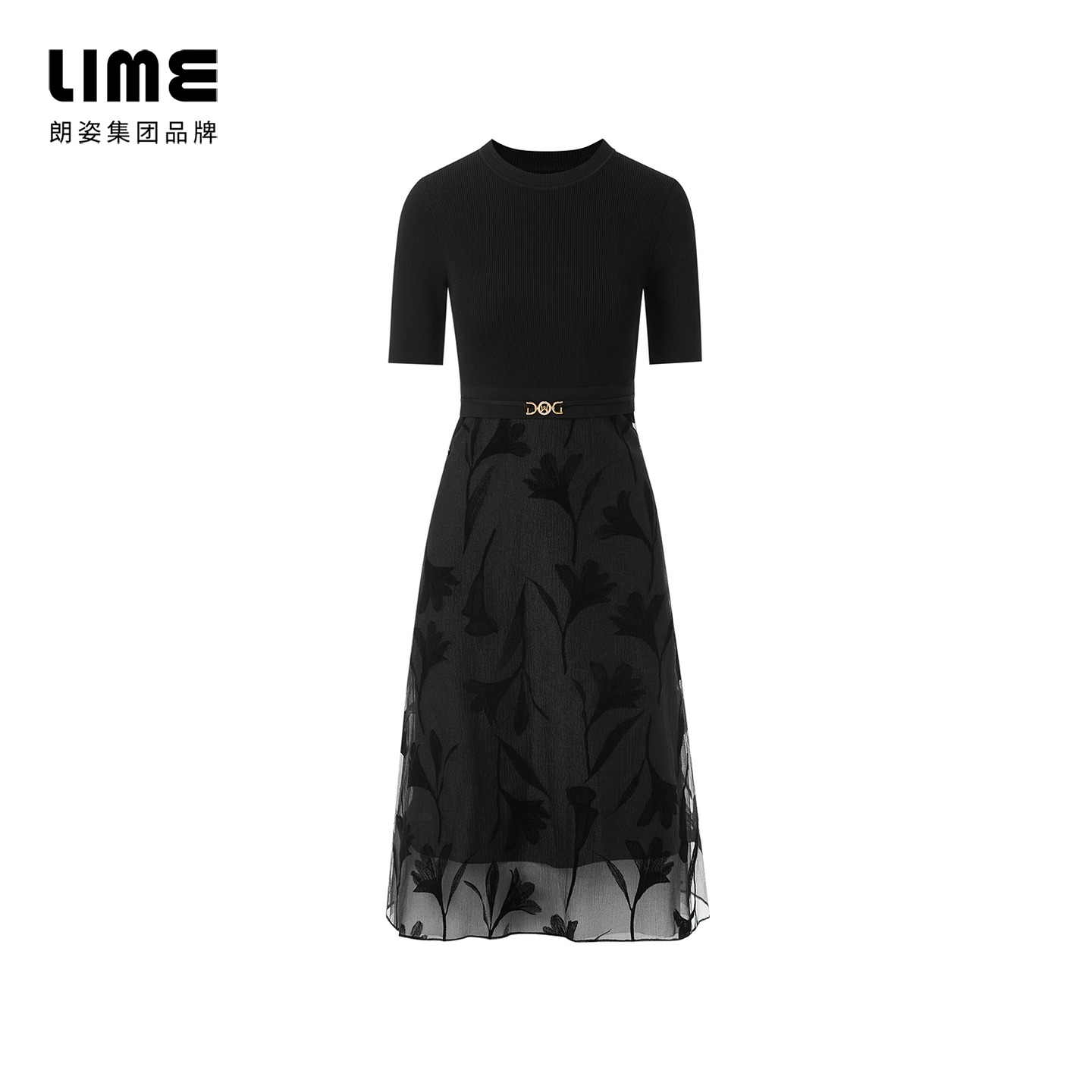朗姿集团LIME莱茵针织拼接蕾丝花卉连衣裙黑色25夏简约显瘦长裙 - 图3
