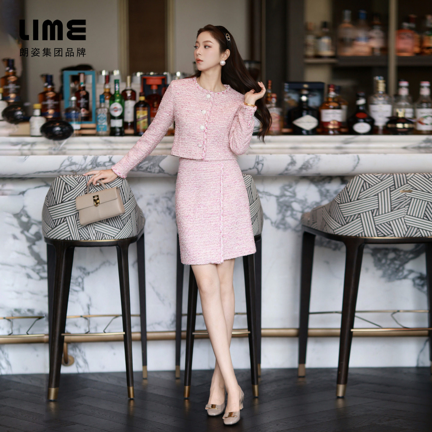 朗姿集团LIME莱茵粗花呢羊毛混纺半裙桃粉不对称斜摆香风25冬新款,淘宝优惠券,粉丝福利购,淘宝优惠卷