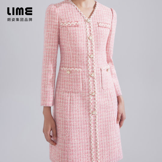 LIME莱茵年早春新款粗花呢连衣裙灰粉色V领收腰名媛小香风A字裙