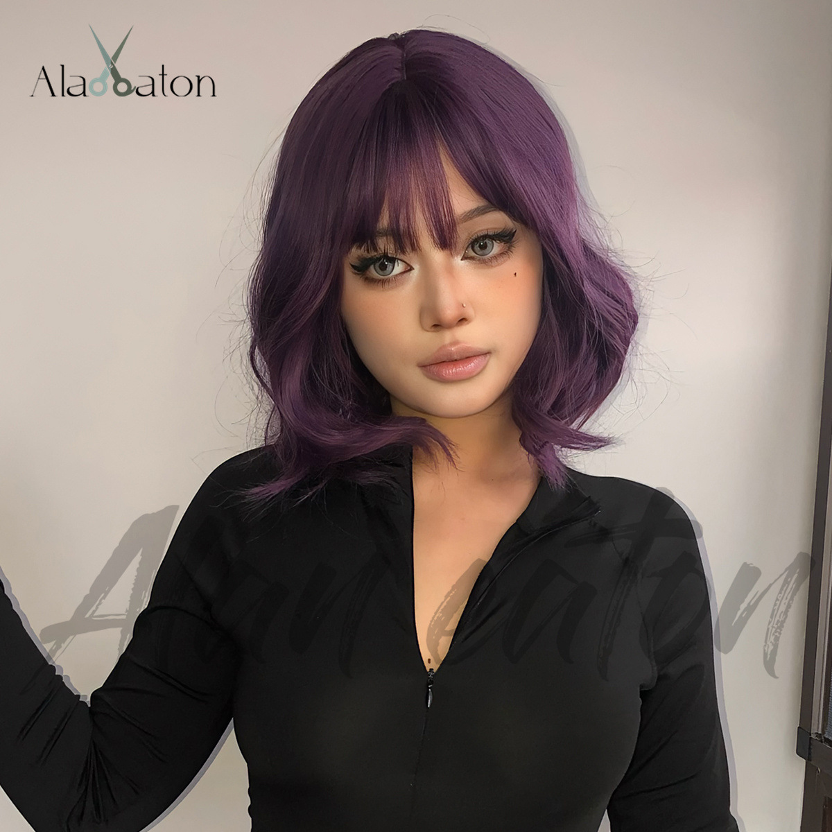 欧美紫色短卷发带空气刘海全头套假发Short curly wigs purple - 图1