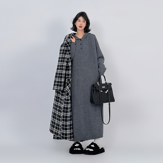 Grey over-knee knitted hooded dress