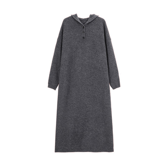 Grey over-knee knitted hooded dress