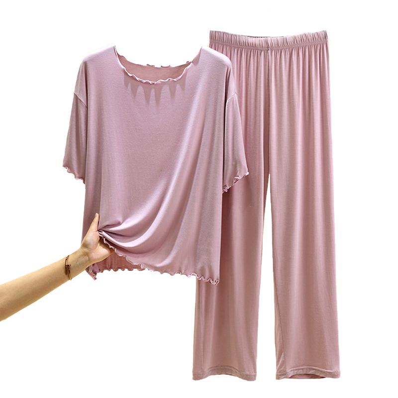 莫代尔短袖长裤套装女夏薄款花边睡衣可外穿大码纯色家居服两件套 - 图3