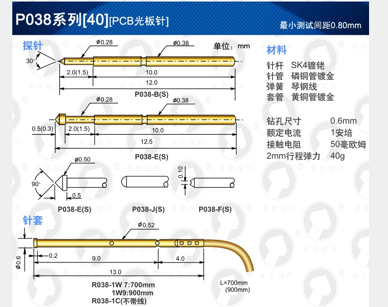 CPM-40LL探针 PA038-B1 Q J F A E测试针PL038加长烧录针R038-W7-图0