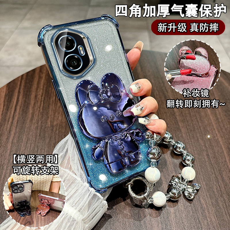 四角气囊防摔适用荣耀300手机壳带镜头膜Honor200Pro支架保护套带镜子100/90网红女款80曲面屏70/60挂绳50se - 图1