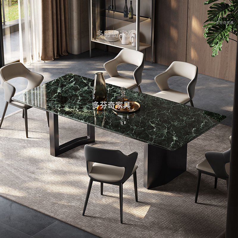 大花绿奢石餐桌极简轻奢普拉达绿家用设计师芬迪天然大理石餐桌椅 - 图0