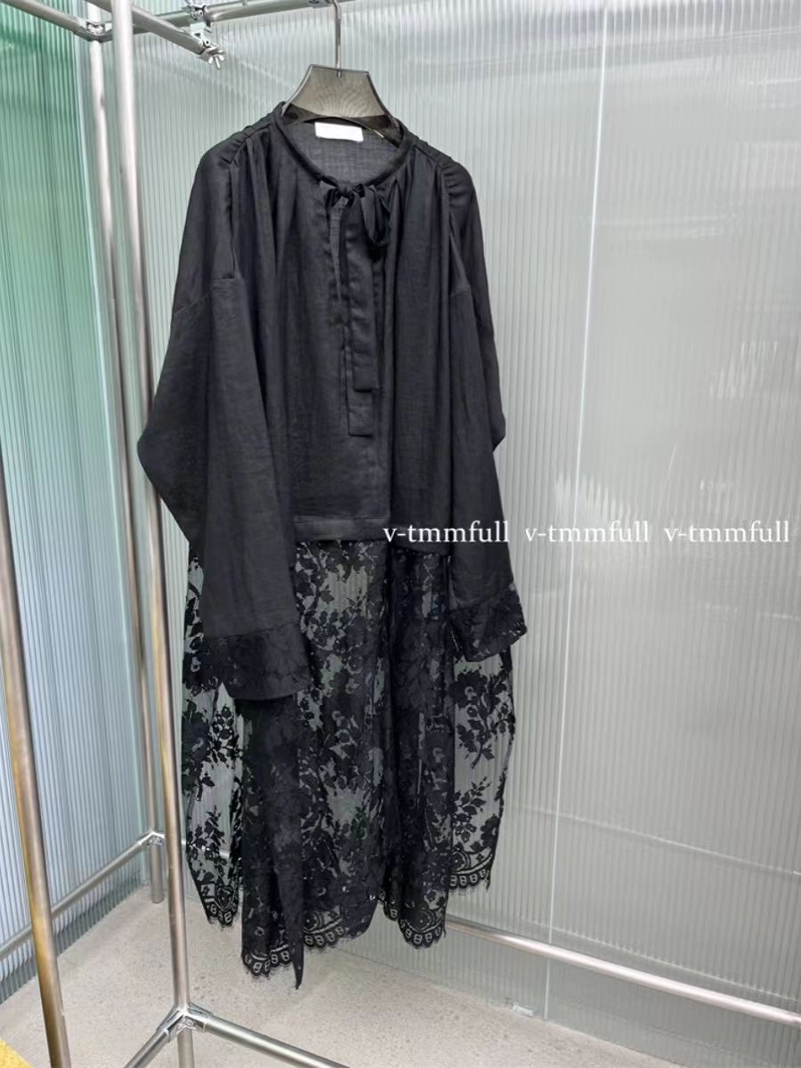 高品长袖衬衫连衣裙女25ss春季韩版宽松蕾丝拼接长款H型t恤裙上衣 - 图2