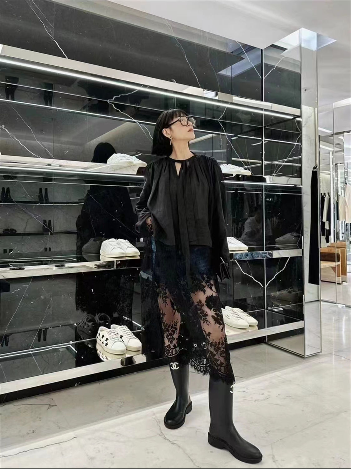 高品长袖衬衫连衣裙女25ss春季韩版宽松蕾丝拼接长款H型t恤裙上衣 - 图1