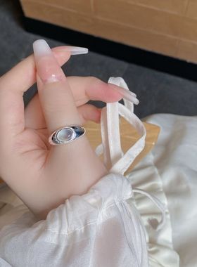 INS博主同款天然海蓝宝水晶戒指女S925纯银高级感百搭可调节指环