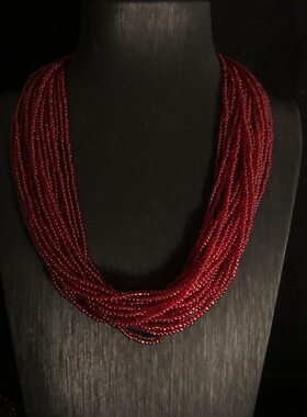 欧美风百搭项链红色米珠热销颈链中古首饰多股米珠磁吸扣毛衣链