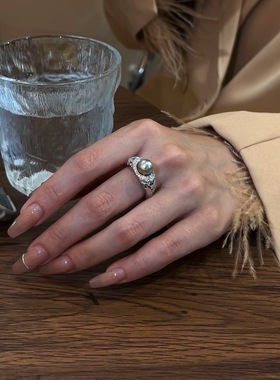 S925纯银豪镶满钻黑钻真多麻灰珍珠戒指高级感老钱风气质轻奢指环