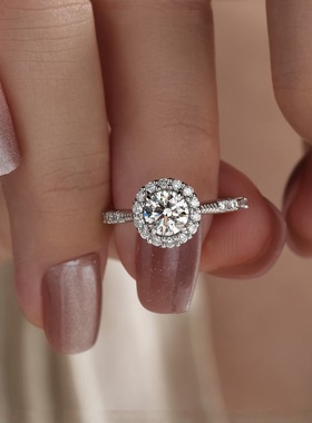 纯银戒指女一克拉富贵花圆包莫桑石带证书戒指空托活闭口跨境批发