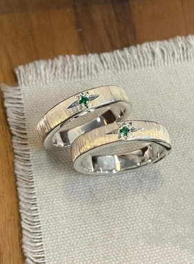 S925纯银墨绿锆石拉丝戒指坠入星辰女小众设计感开口星芒素圈指环