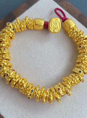 直播同款沙金黄财神盘缠锤纹手链高保色金店同款腰缠万贯手串