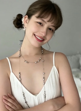 轻奢新款孟子义庆怜同款银灰色珍珠满天星长款项链高级设计颈叠戴