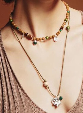 小众设计高级感小象项链女复古百搭图腾项链绿纹石串珠长款毛衣