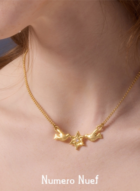 Nuef “Cornucopia”复古手工制星月鸽锆石镶嵌圆珠锁骨链