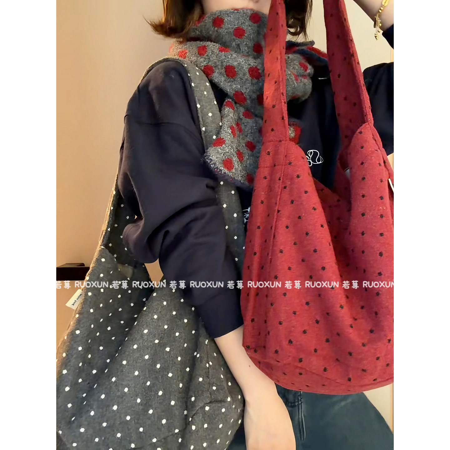 RuoXun日韩小圆点磨毛单肩包女秋冬大容量通勤百搭手提托特包,淘宝优惠券,粉丝福利购,淘宝优惠卷