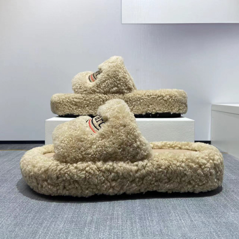 厚底毛毛拖鞋女外穿2024冬保暖松糕底字母皮毛一体真皮羊羔毛拖鞋 - 图2