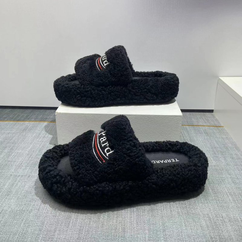 厚底毛毛拖鞋女外穿2024冬保暖松糕底字母皮毛一体真皮羊羔毛拖鞋 - 图1
