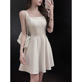 Pleasant French sleeveless neck square A-line vest dress for women summer temperament slim waist slimming long skirt