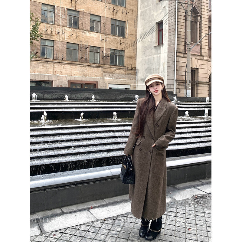 愉悦愉悦灰色西装领长袖毛呢外套女冬季气质宽松显瘦长款呢子大衣