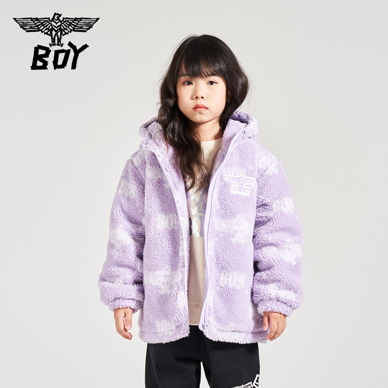 BOY 童装潮牌秋冬加厚短款连帽外套仿羊羔绒loog老花外套 - 图0
