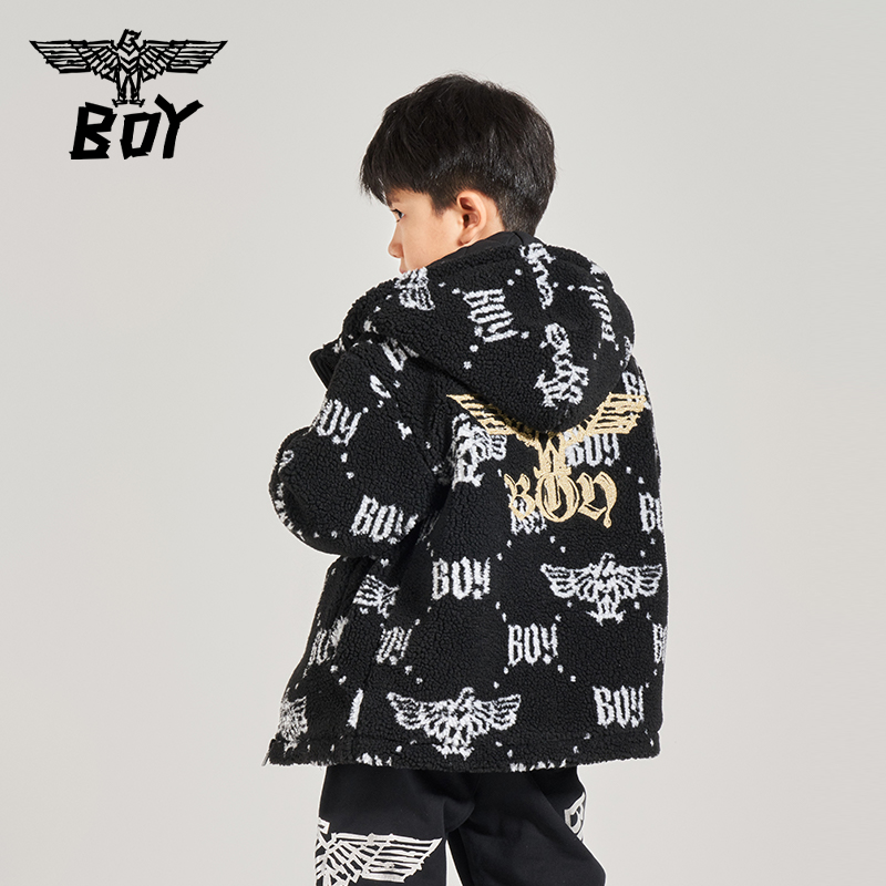 BOY 童装潮牌秋冬加厚短款连帽外套仿羊羔绒loog老花外套 - 图1