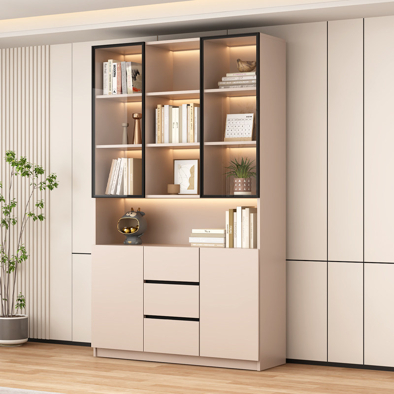 实木书柜带玻璃门一体整墙酒柜展示柜家用客厅现代轻奢储物柜书架,淘宝优惠券,粉丝福利购,淘宝优惠卷