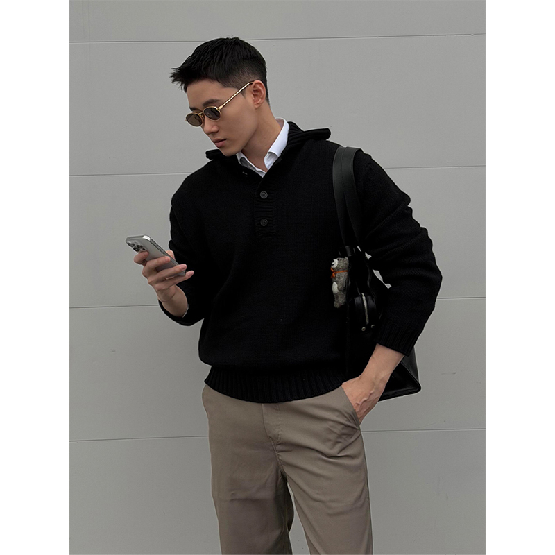 黑色毛衣男士秋冬季潮牌美式重磅带帽卫衣小众高级感叠穿针织外套 - 图0