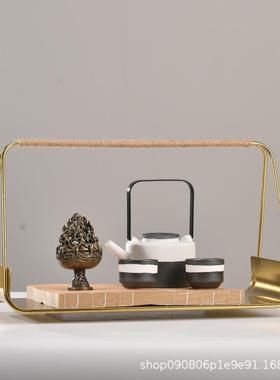 新中式金色手提托盘茶具组合摆件样版房间售楼处茶室茶几软装饰品