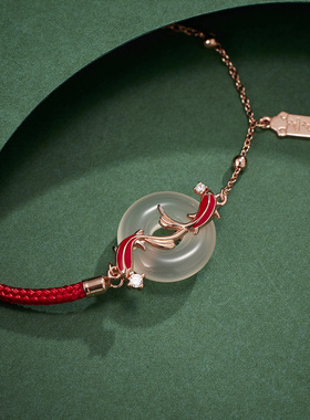 英国coopkoops925银上岸锦鲤平安扣红绳手链镶嵌玉髓时尚百搭