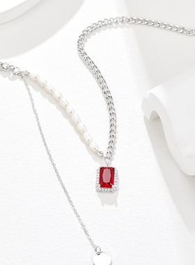 LA励柏艾顿方形红色水晶珍珠项链女生情人节礼物2023年新款锁骨链
