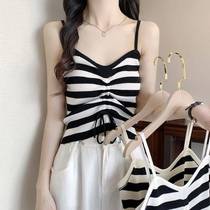 Conspicuated striped harness female summer new retro deep v Chest Sexy Hot Girl Outwear Short sleeveless blouse
