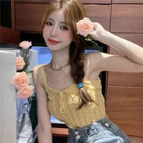 2023 new small frescoed sweet and hot girl with female summer outside wearing inner lap vest butterfly knot hollowed-out sleeveless blouse