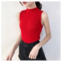 Half height collar tattoox Striped Knit Vest Woman Summer New Port Taste Retro Chic Sleeveless Blouse Blouse