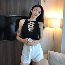 Sleeveless blouse Women Summer outwear Short Slim Sexy Chest Front Hollowed-out Lacing Hanging Neck Knit Harness Small Vest