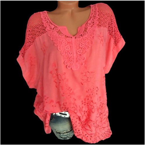 Large Size Loose Short-Sleeved Lace Women Blouses Cotton Blo - 图1