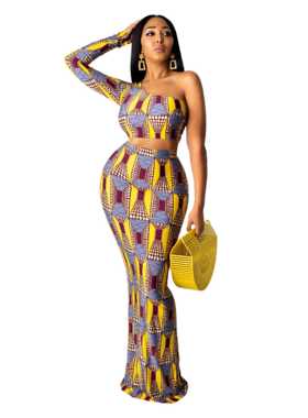 Skirt African Clothes Set Women Skew Neck Crop Tops Mermaid